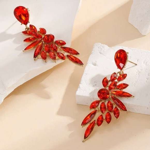 Red Dangling Pierced Earrings - Faux Ruby - Picture 2 of 7